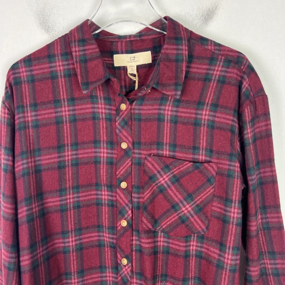 NWT Thread & Supply Relaxed Plaid Flannel Buttondown Shirt Wine Size XS NEW - Picture 2 of 9